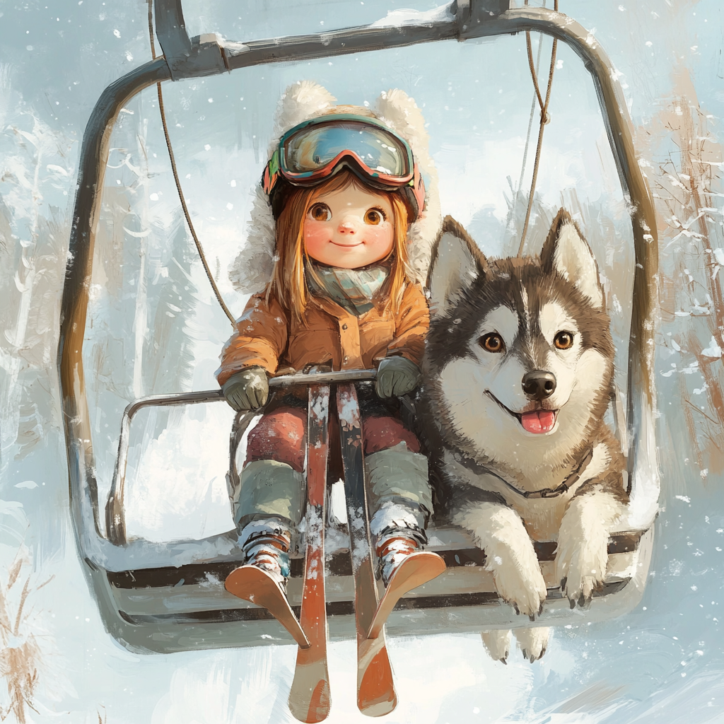 Cute little girl and husky on ski lift.