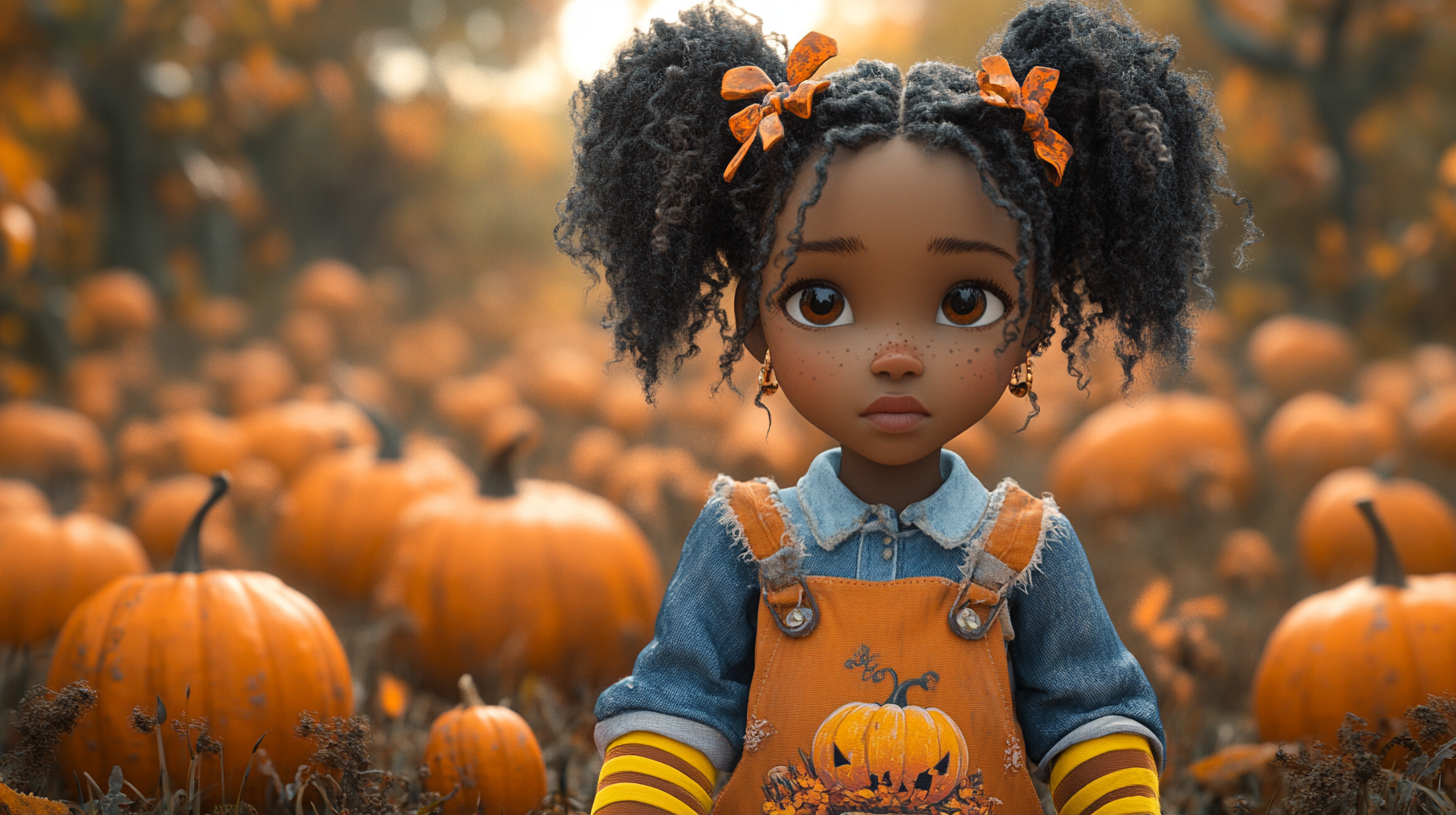 Cute little girl with pumpkin themed outfit, pixar style.