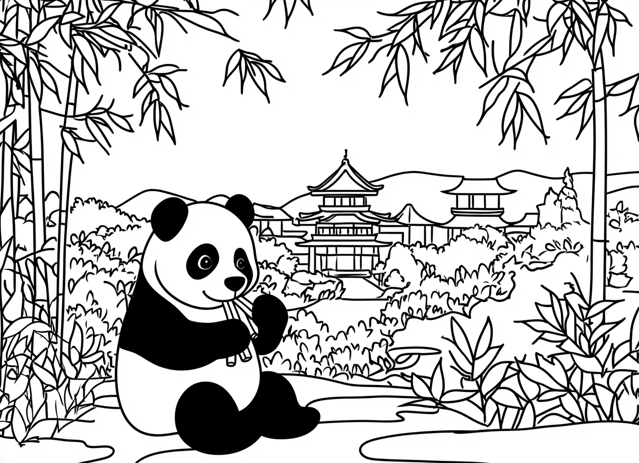 Cute panda eating bamboo in front of temple.