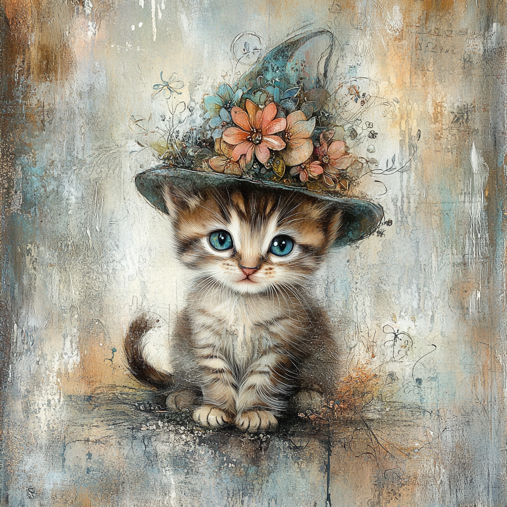 Cute tabby kitten in quirky hat, torn paper pieces.