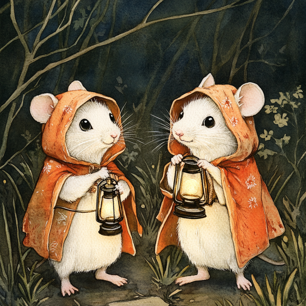 Cute white mice in capes pose with lantern.