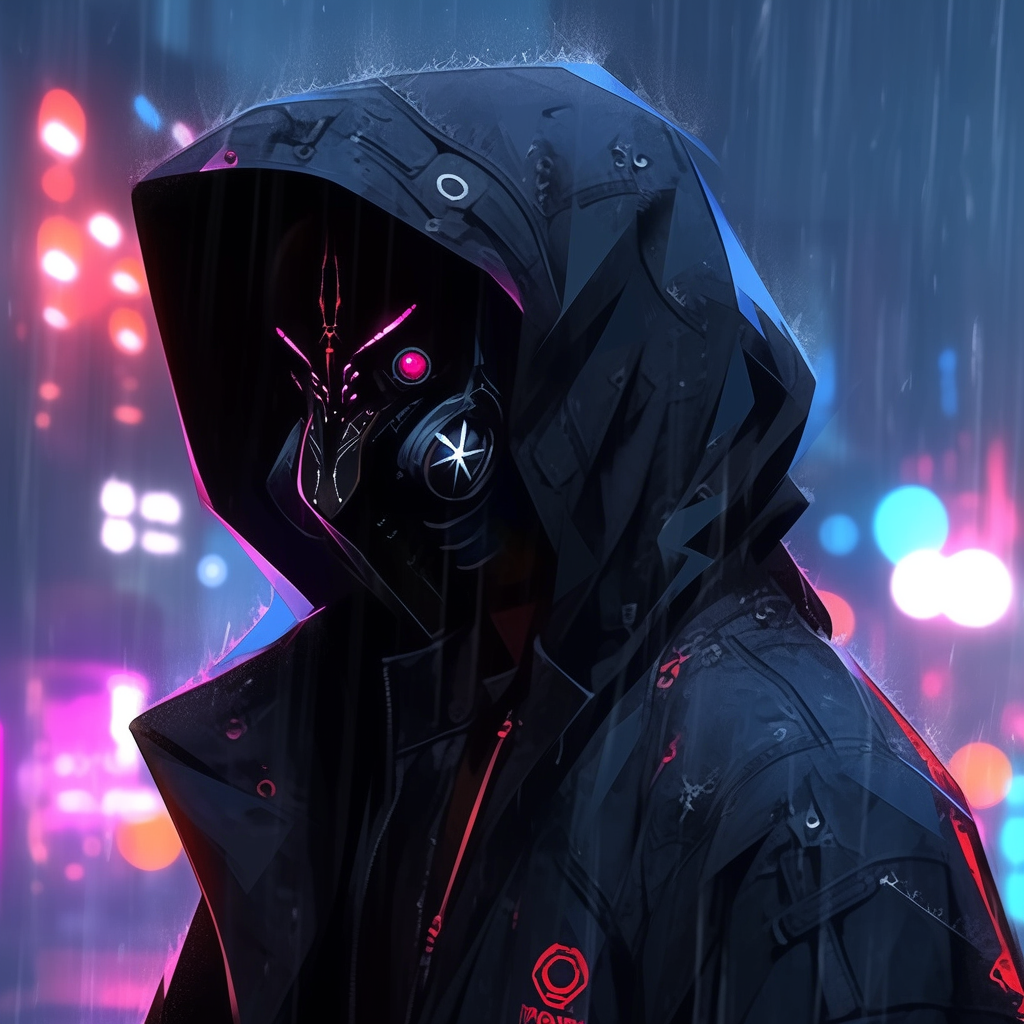 Cyberpunk cyborg in akatsuki jacket under neon city rain.