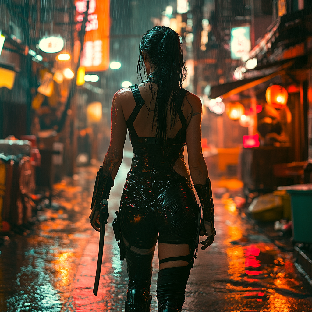 Cyberpunk femme fatale confidently wielding katana in neon.