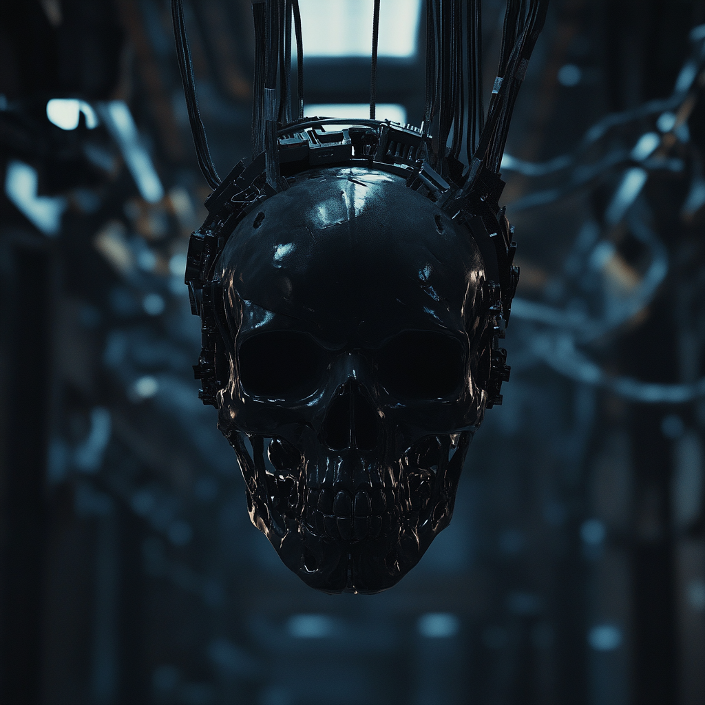 Cyborg skull head floating with sci-fi cables, dark background.