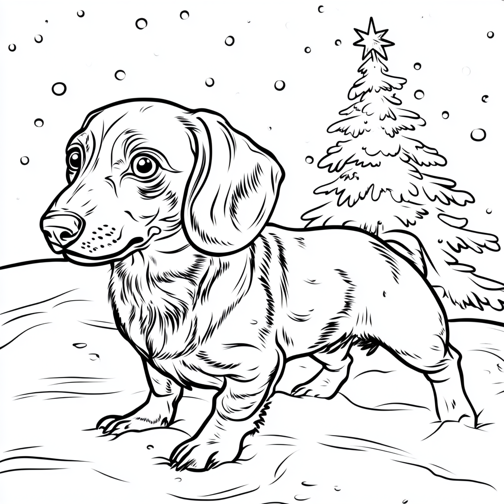 Dachshund playing in snow with Christmas tree in background.