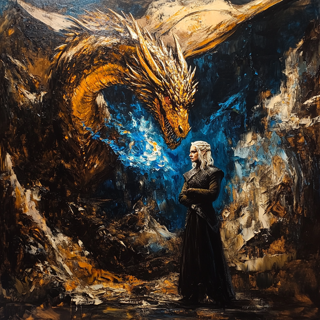 Daemon Targaryen with white hair standing in cave.