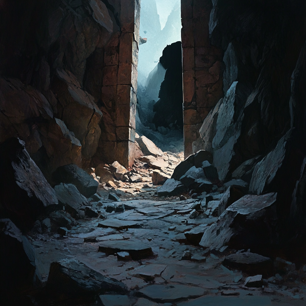 Dark, cold ruins with large boulders blocking pathway.