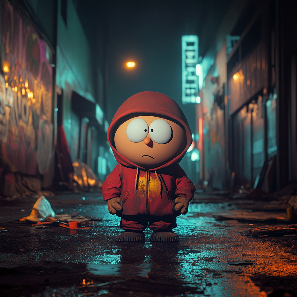 Dark, grimey Eric Cartman in 1980s, dramatic and cinematic.