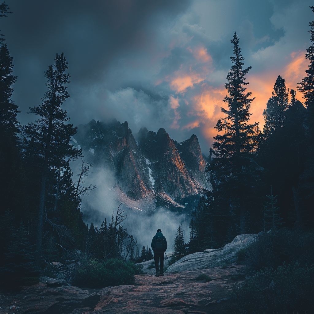 Dark, moody cinematic photo of hiker in distance.