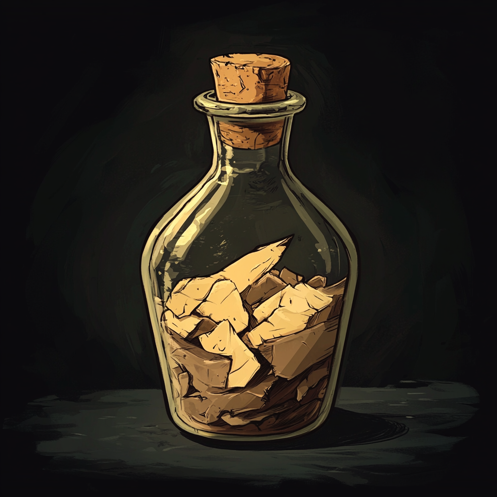 Dark fantasy illustration of tan potion with fabric chunks.