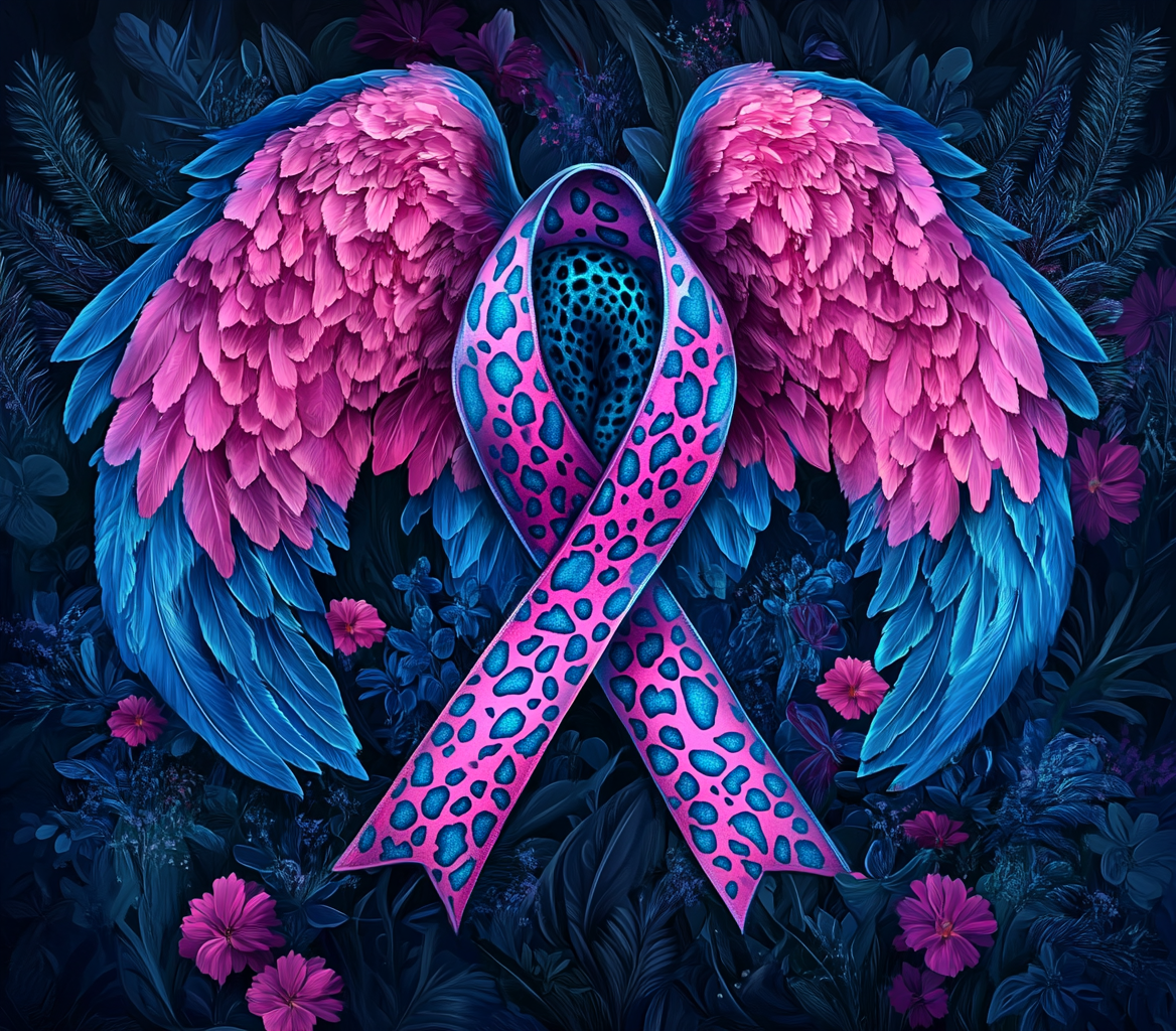 Dark pink and blue cancer ribbon with angel wings.