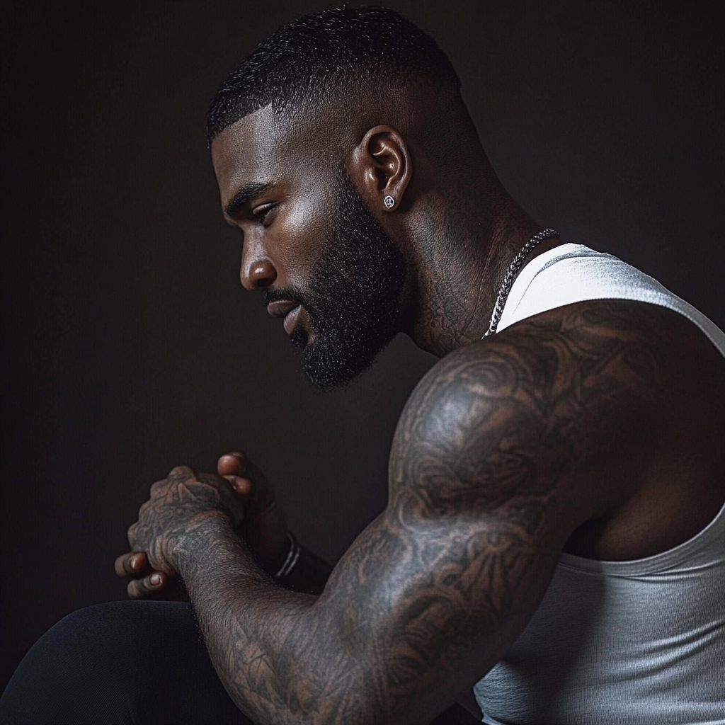 Dark-skinned man with tattoos and sharp edge up sitting.