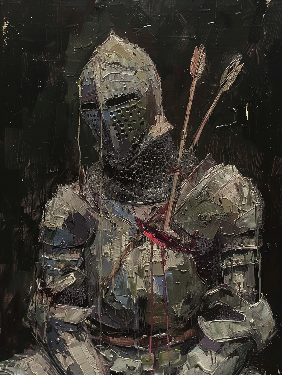 Defeated knight in armor, two arrows, bold colors.