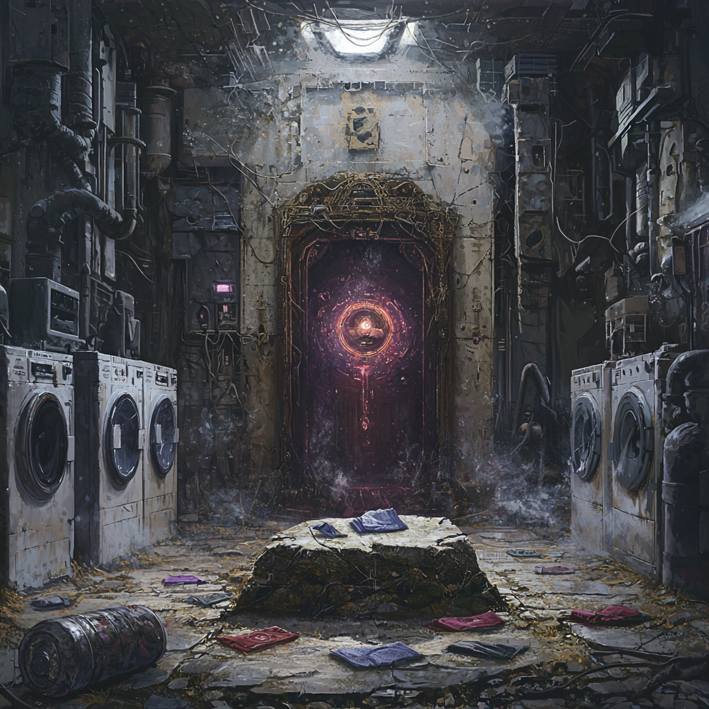 Deity altar with socks, ancient washing machines, mystical ambiance.