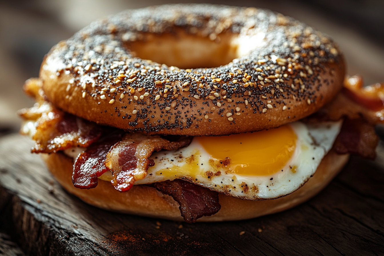 Delicious breakfast sandwich with egg, bacon, and cheese.