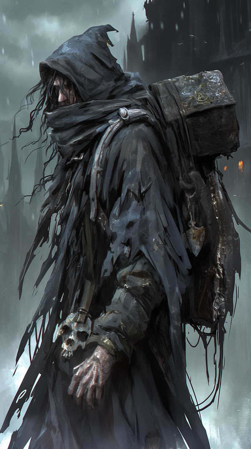 Derelict man with tattered coat in dark city setting.