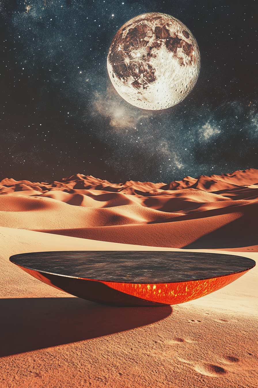 Desert dune with moonrise, chrome oval platform, cosmic atmosphere.