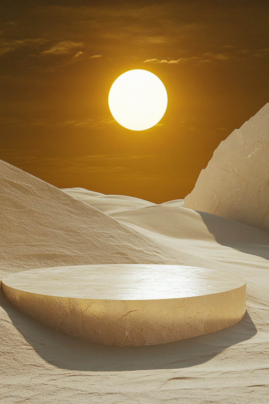 Desert dune with yellow crystal platform under cosmic sky.