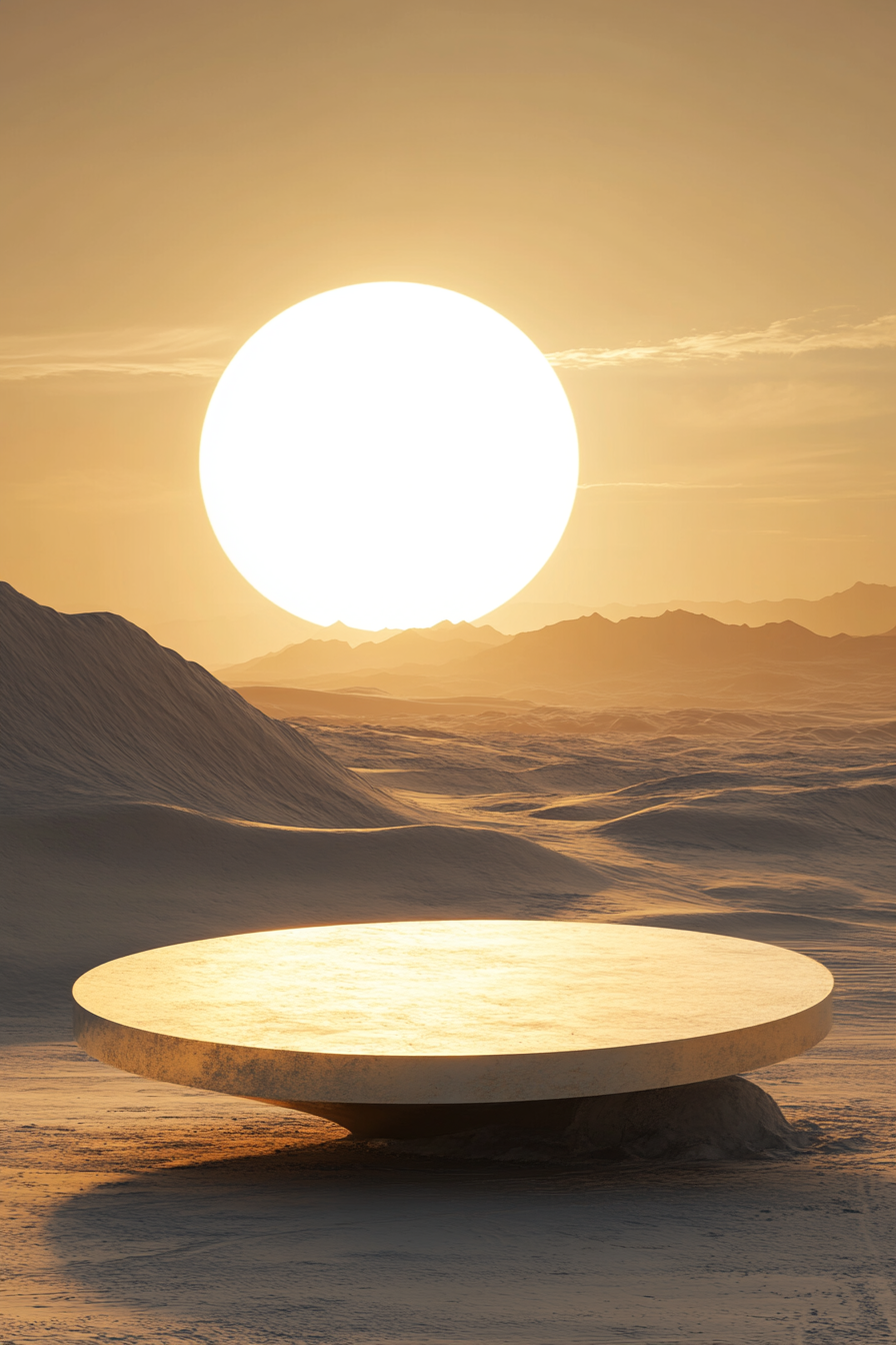 Desert landscape with golden oval platform under cosmic sky.