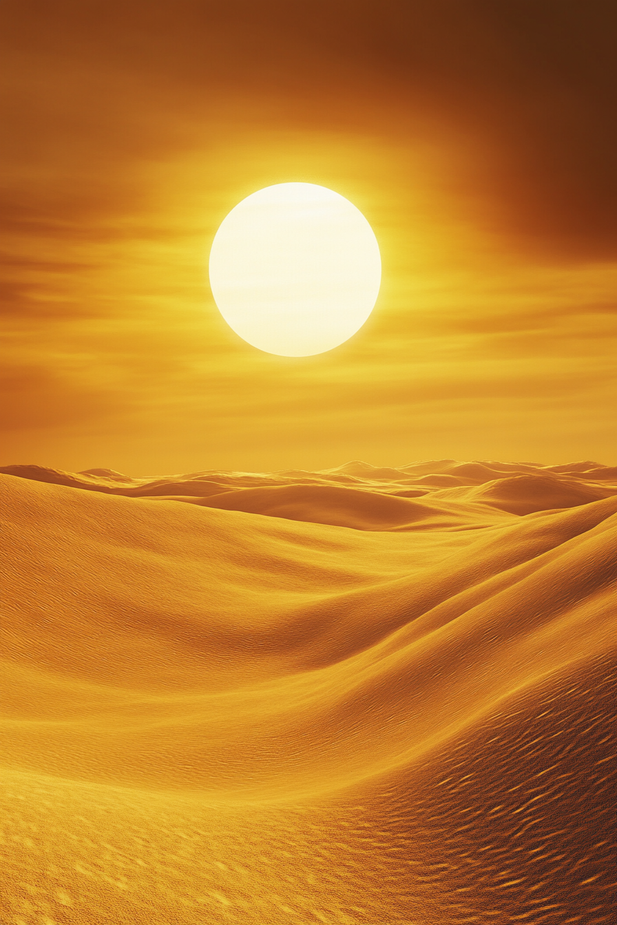 Desert sunset with shiny sun creating surreal atmosphere.