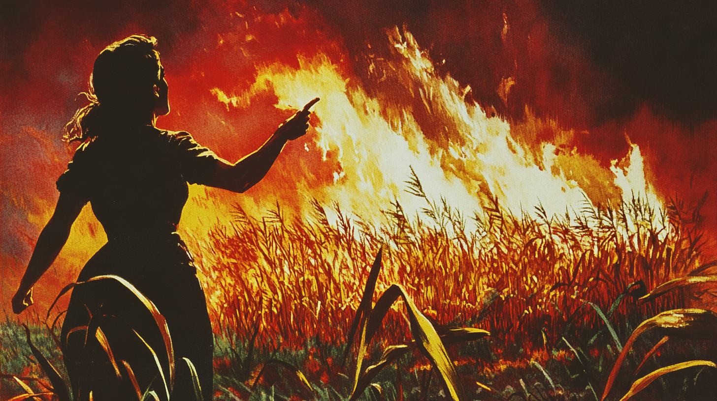 Desperate female farmer pointing at burning corn field.