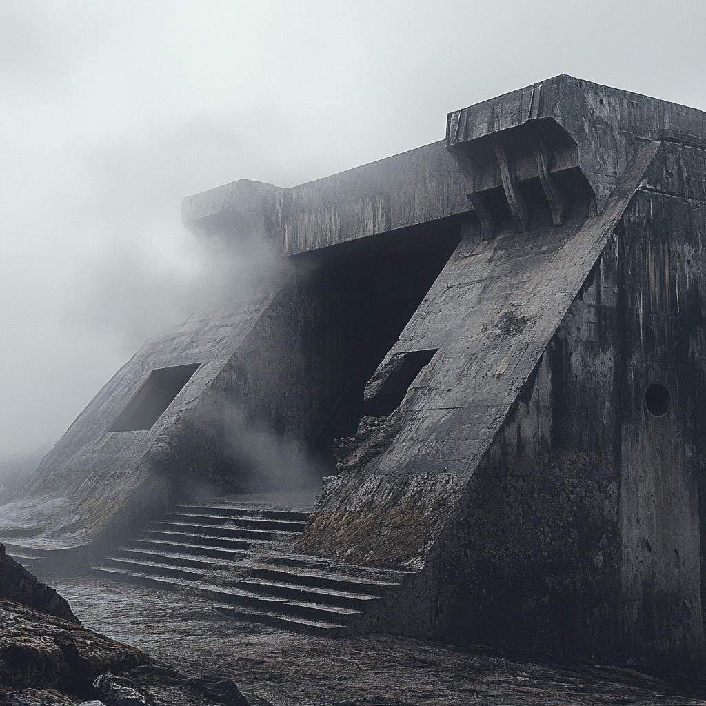 Destroyed german wwii bunker emitting smoke in foggy setting.