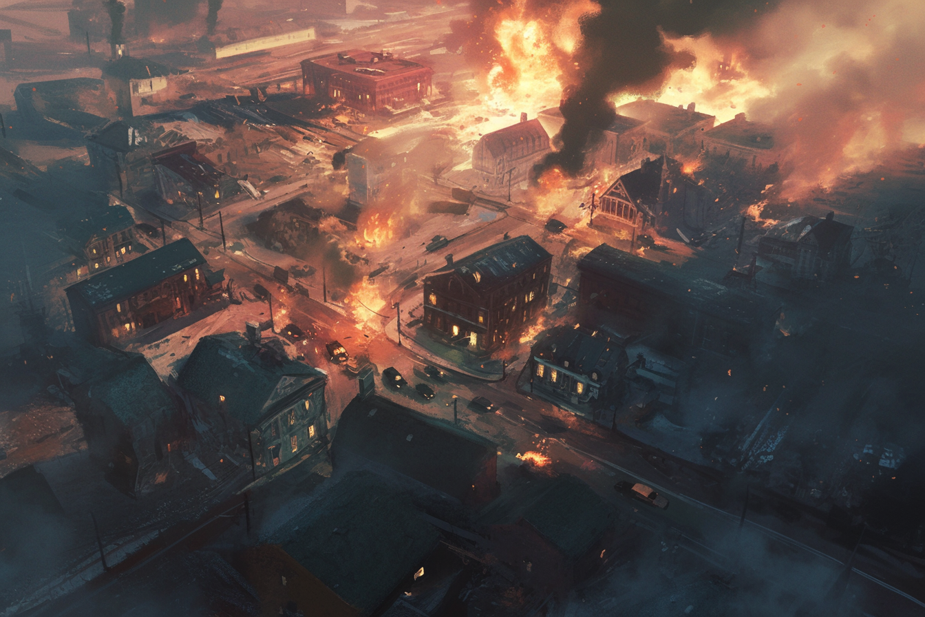 Destructive town fire in detailed, realistic art style.