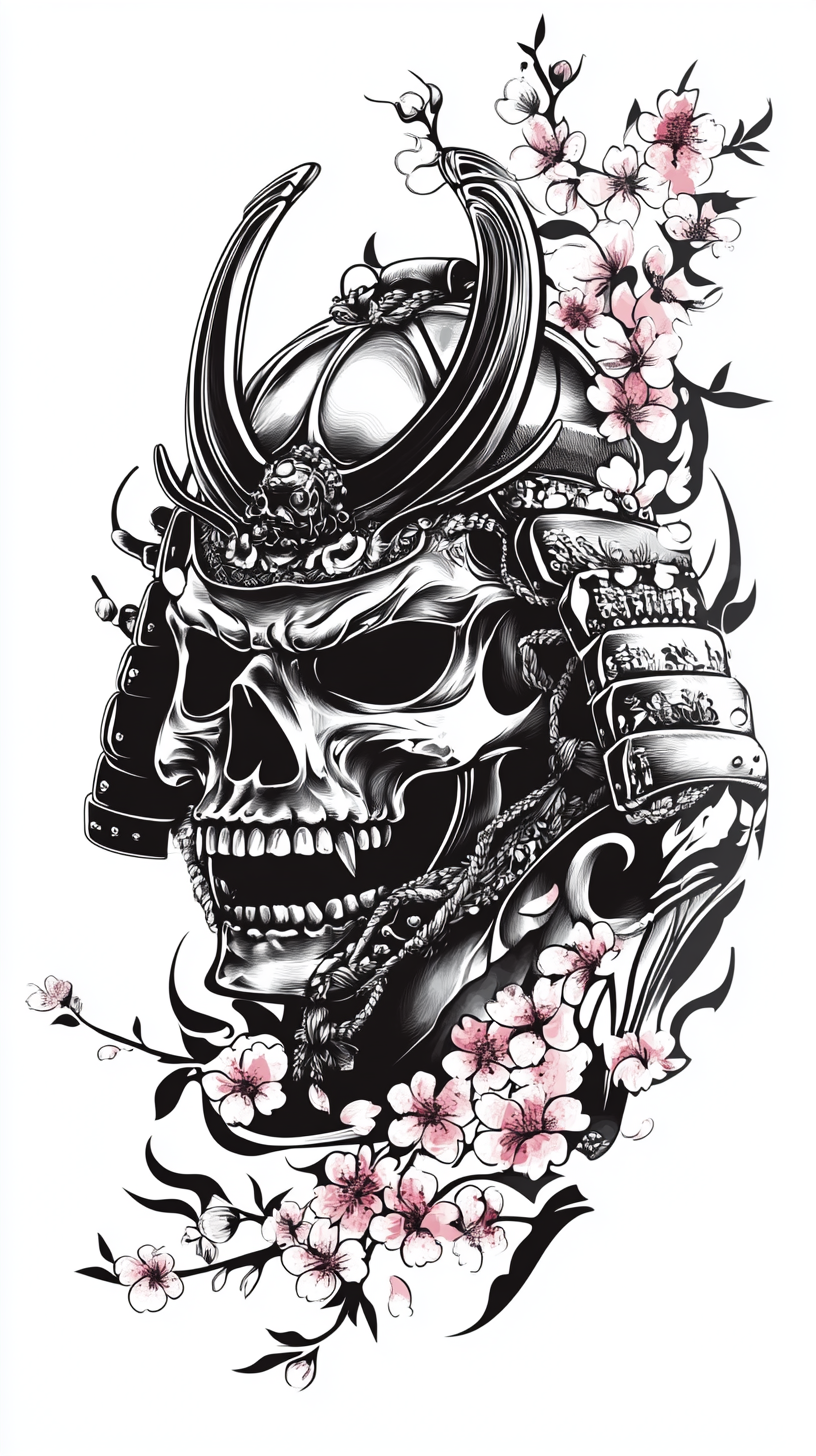 Detailed Samurai Hannya Mask Vector Outline with Cherry Blossoms