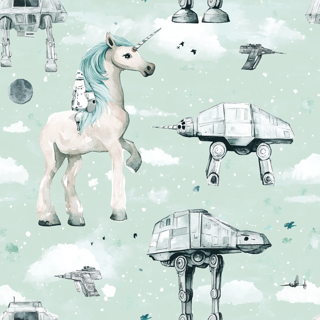 Detailed high-resolution Star Wars and unicorn children's book pattern.