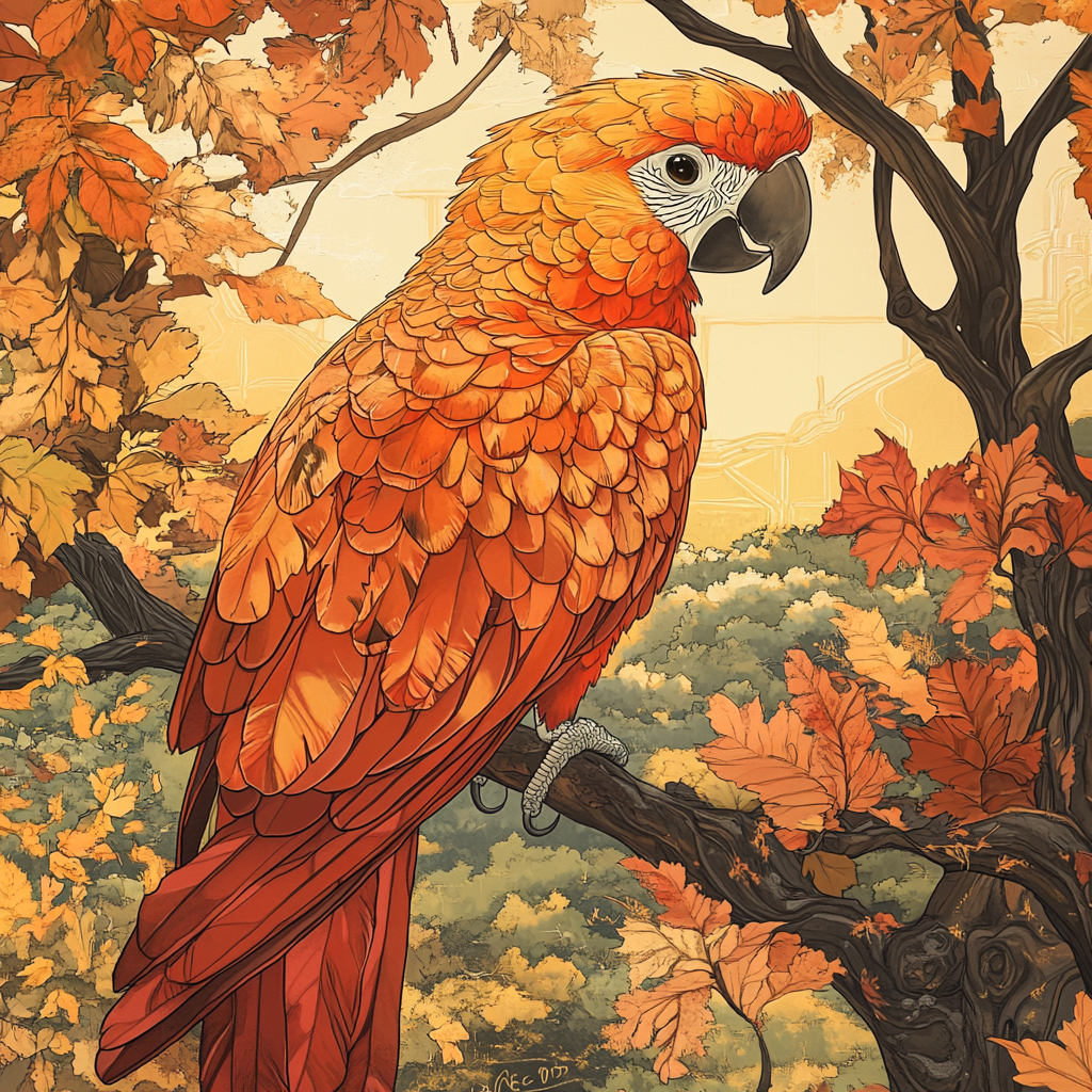 Detailed magical illustration of orange parrot in autumn landscape.