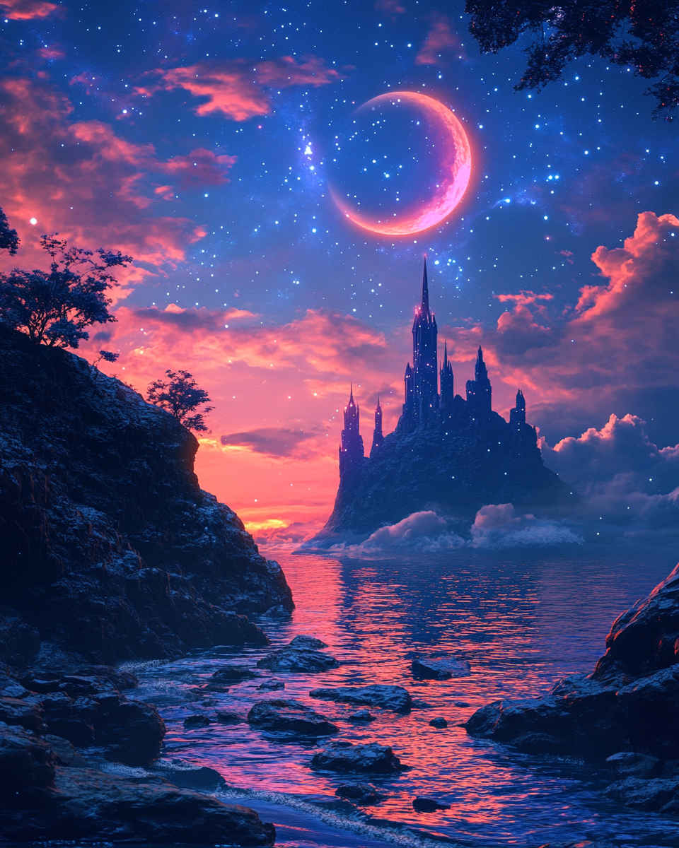 Detailed red and blue nebula clouds, fantasy tower, crescent moon.