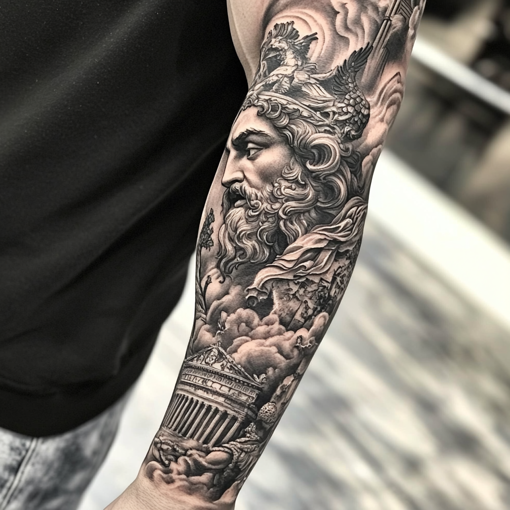 Detailed tattoo: Zeus, Athena, Poseidon, Parthenon, olive branches, clouds.