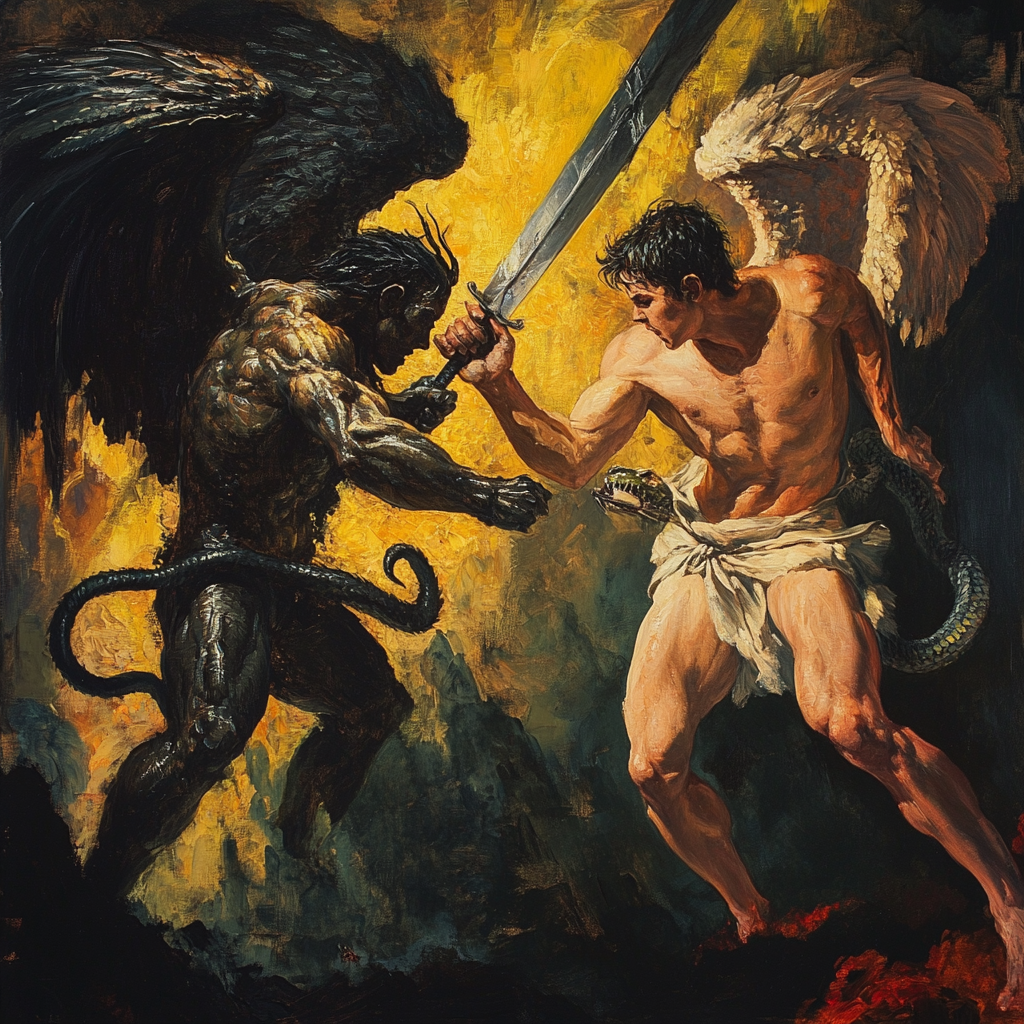 Devil battles angel with wings in oil painting.