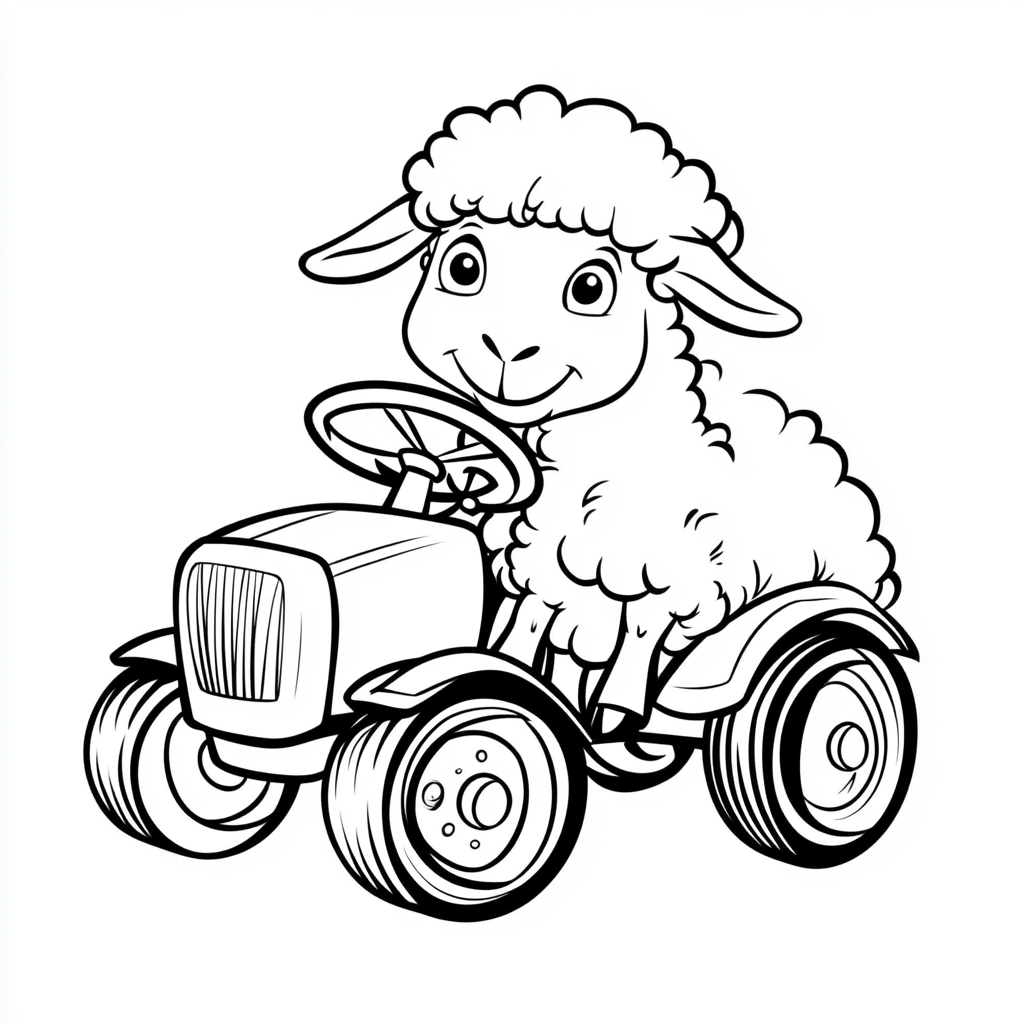 Disney cartoon sheep in tractor, ready for coloring book.