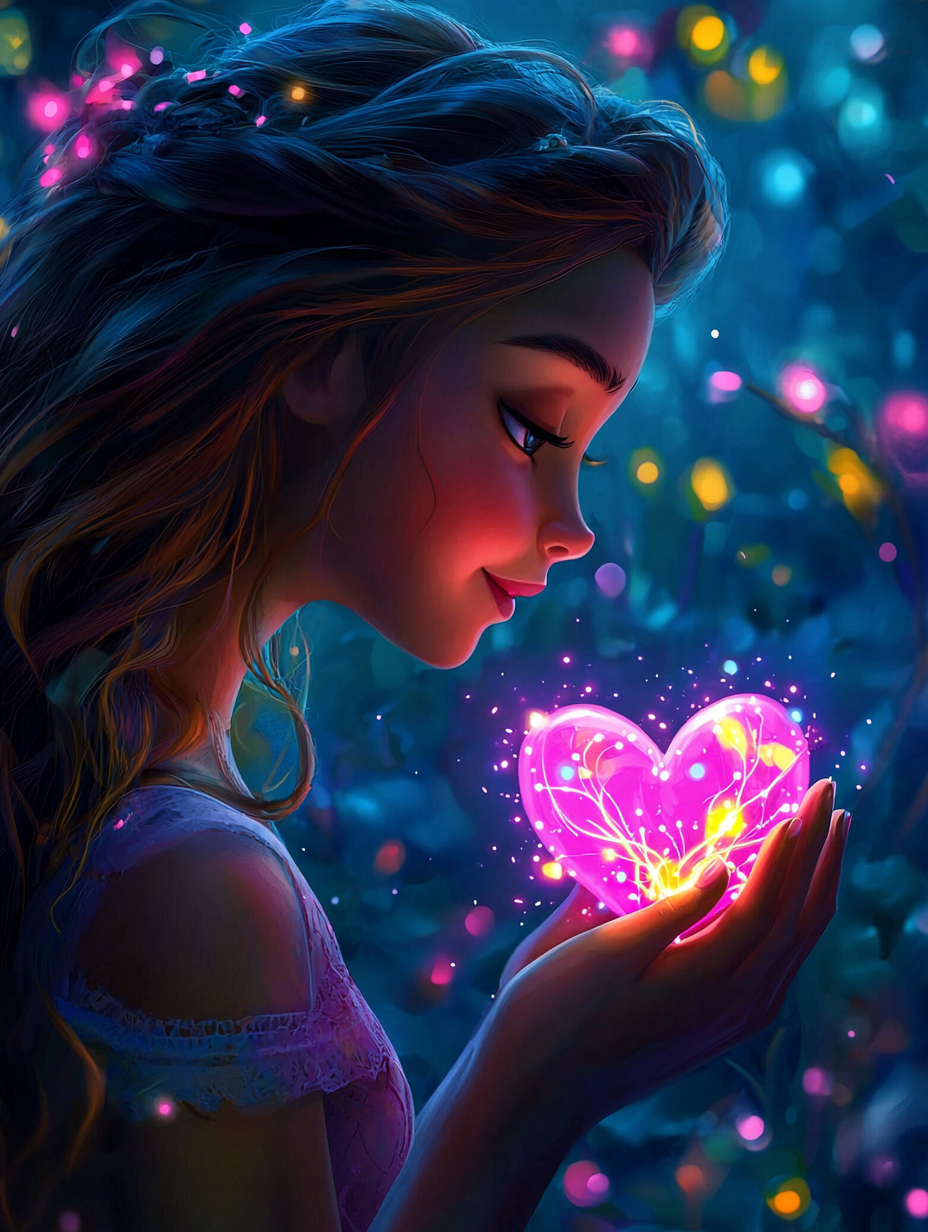 Disney princess with brown hair, eyes, heart in hands.