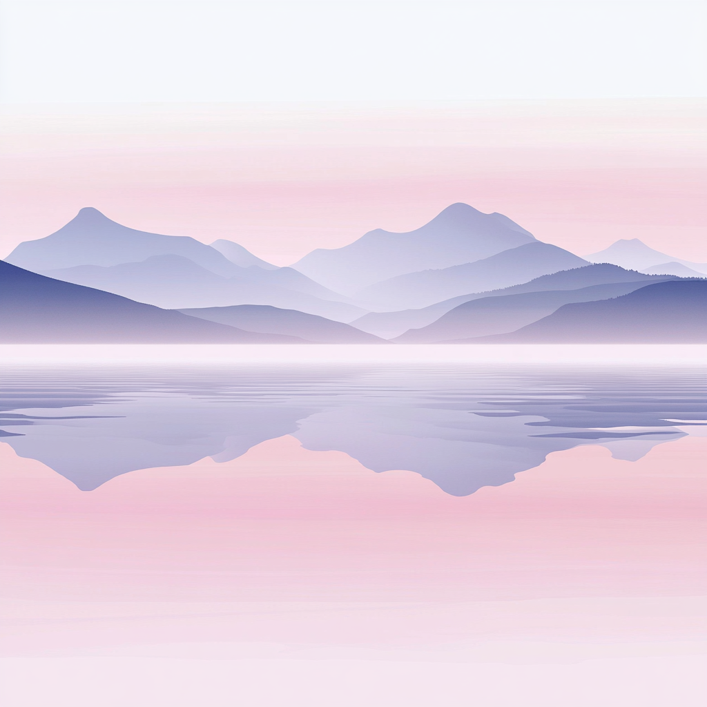 Distant mountains, peaceful water, reflections, light pink, relaxing Zen