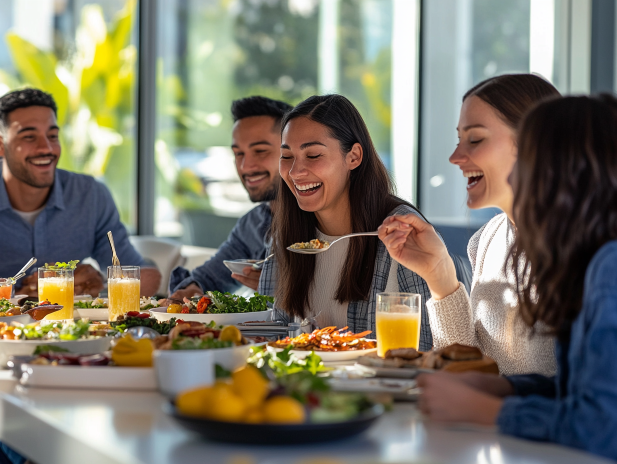 Diverse happy workers dining on nutritious meals, wellness focus.