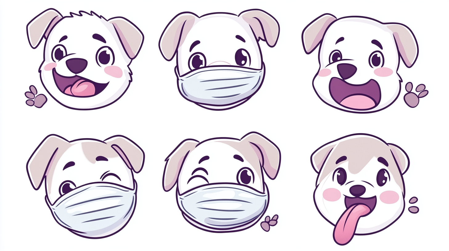 Dog stickers with expressions and mask in simple style.