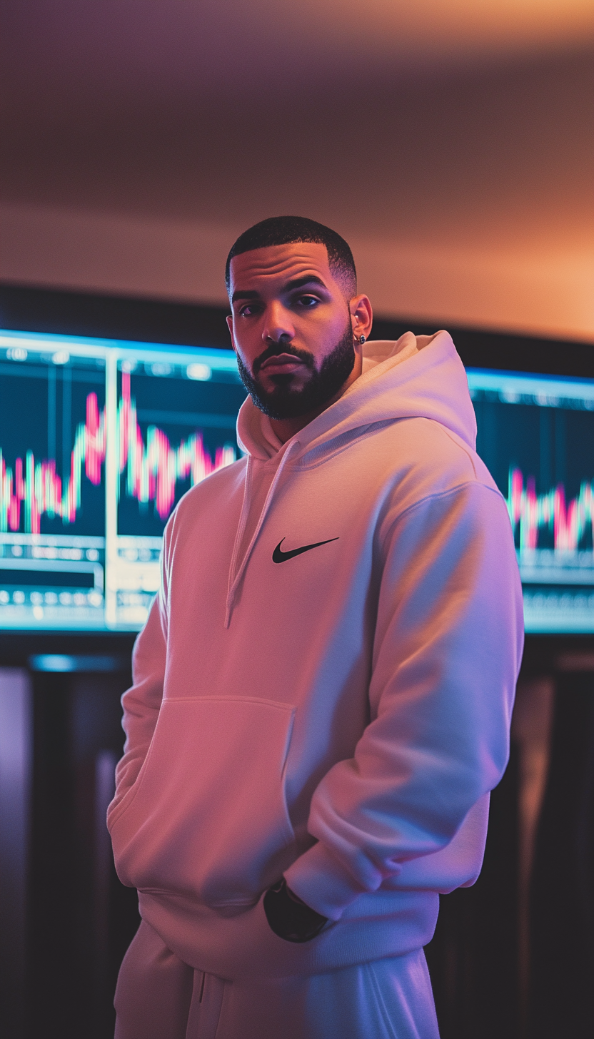 Drake in Nike hoodie with flow, forex charts screens.