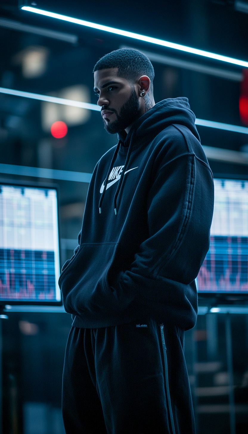 Drake in Nike hoodie with urban style posing proudly.