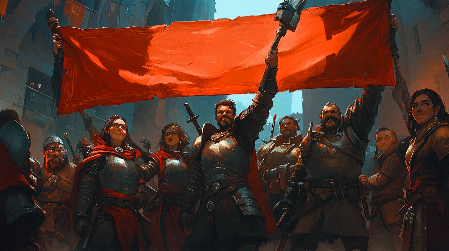 Dramatic lighting on detailed A.I. D&D characters holding banner