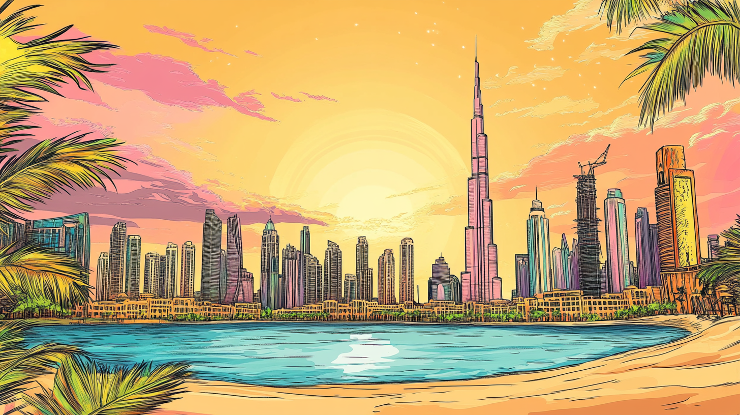 Dubai landscape doodle art in anime style.