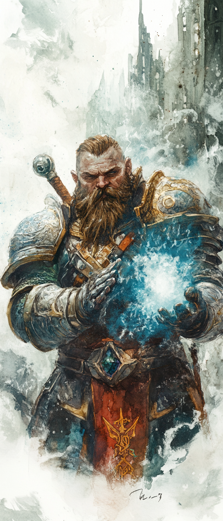 Dwarf paladin in bright armor casting spell. Etherial, dark fantasy setting, watercolor art.