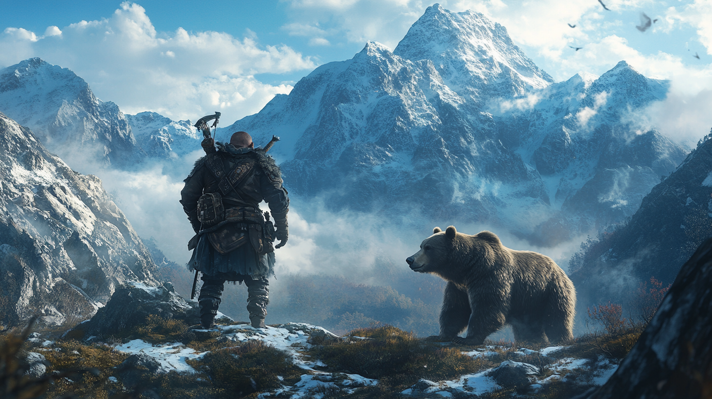 Dwarf ranger with bear companion in epic mountain battle.