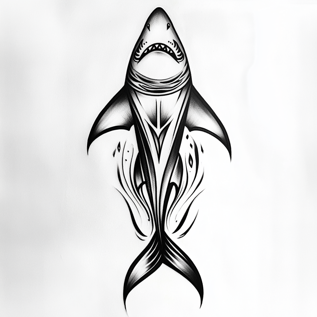 Dynamic black and white shark tattoo design on back.