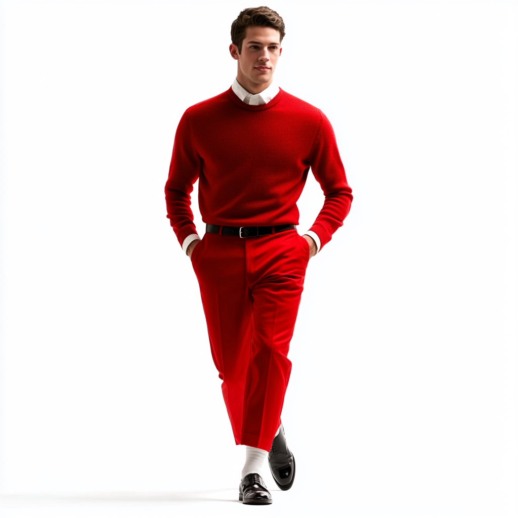 Eager man in red outfit, professional, intrigued pose.