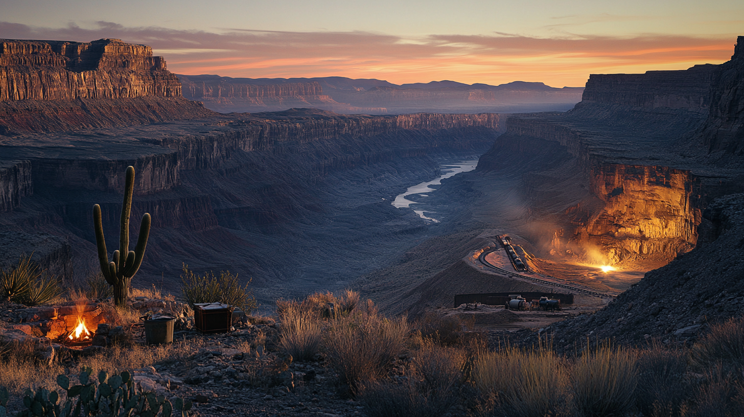 Early 19th century desert canyon mine photograph at dawn