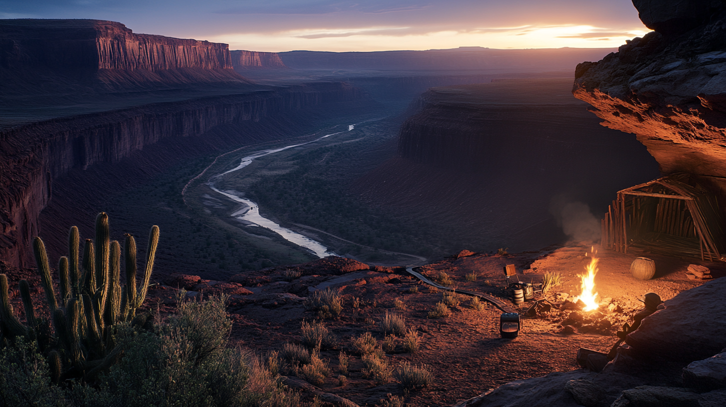 Early desert photo at dawn with campfire foreground.