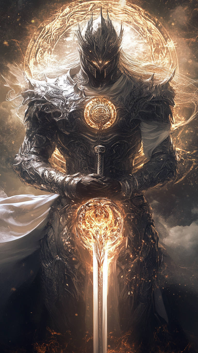 Elaborate silver-armored warrior with long sword in divine light.