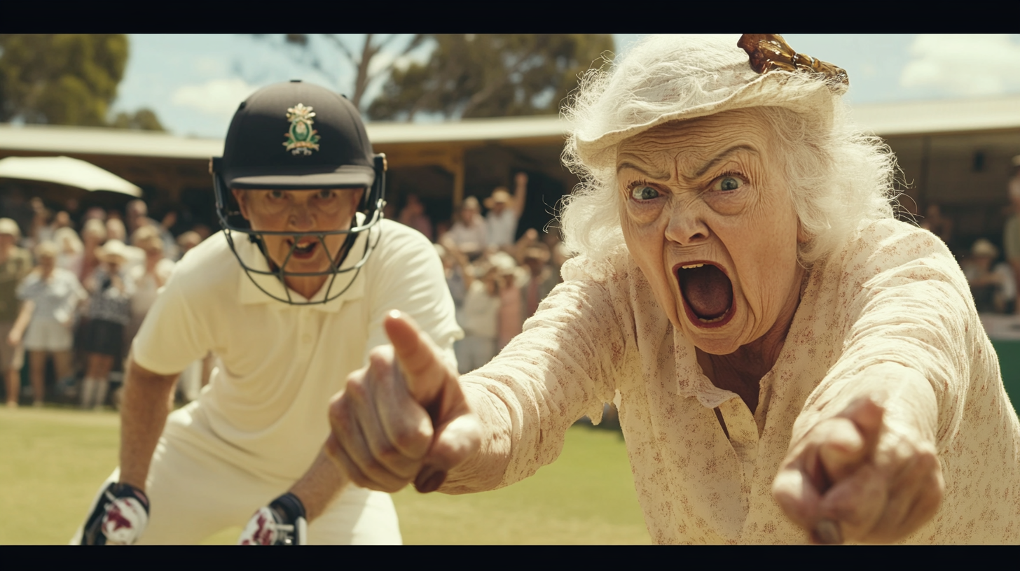 Elderly lady pointing finger guns at cricket player.